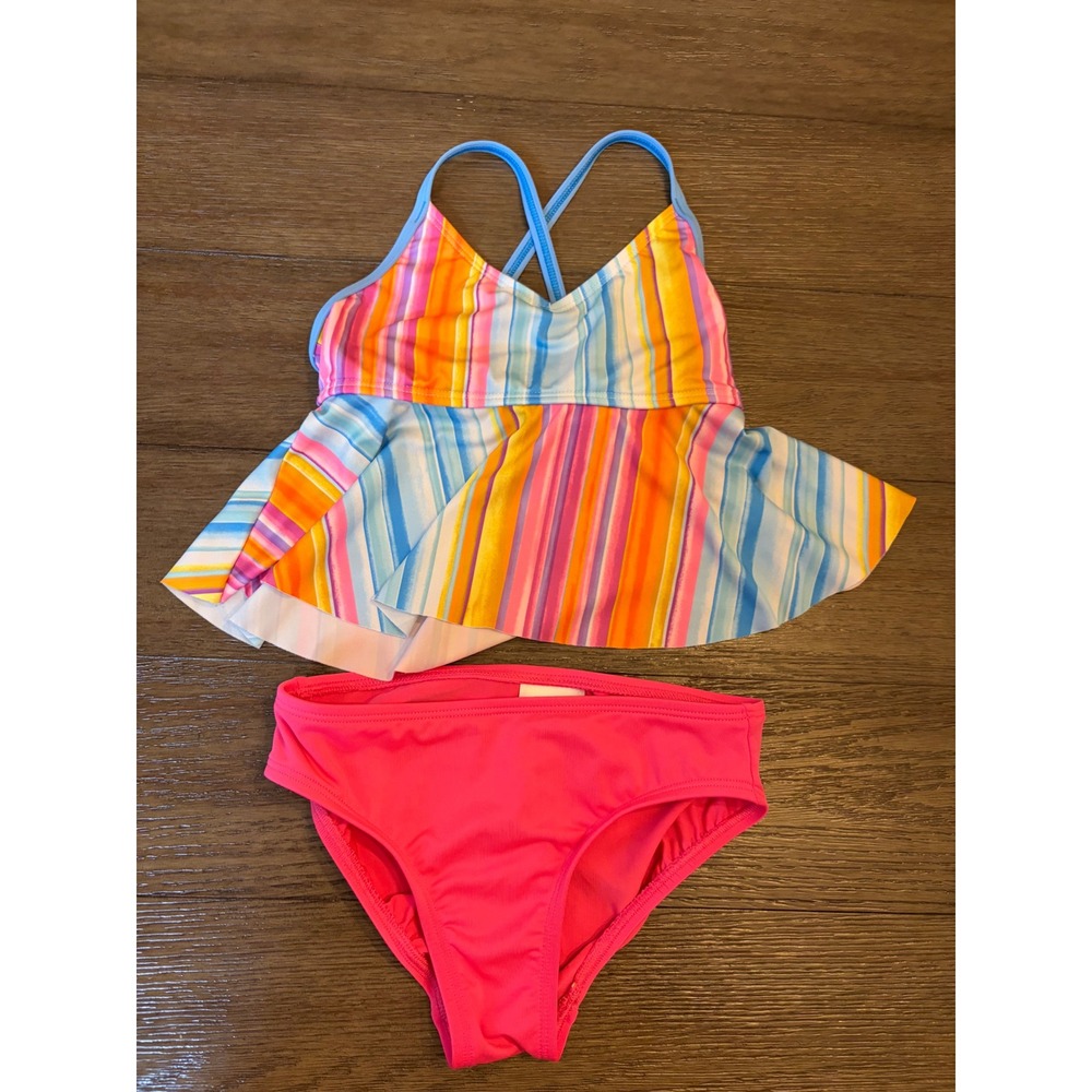 Lands End Tankini Swimsuit Girls 5 Rainbow Stripe Peplum Two Piece Pink Bottoms